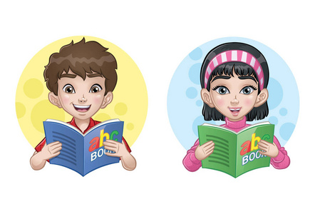 一个小男孩和女孩读一本书, 矢量插画 eps 10