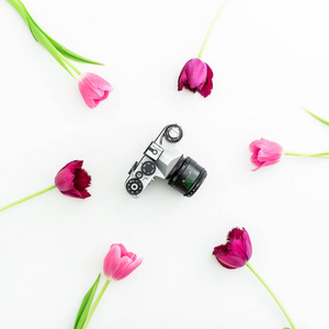 郁金香花与老式相机图片