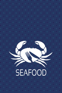 矢量插图, 菜单标签与蟹的剪影和标志的刀, 叉子。产品设计的蓝色背景上的海鲜符号