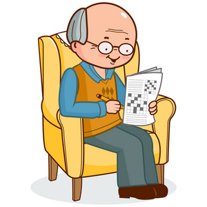老人坐在扶手椅上解字谜