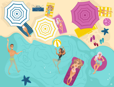 的时光泳标志泳道及泳客的泳池鸟瞰图独木舟上透明的海上漂浮的水的