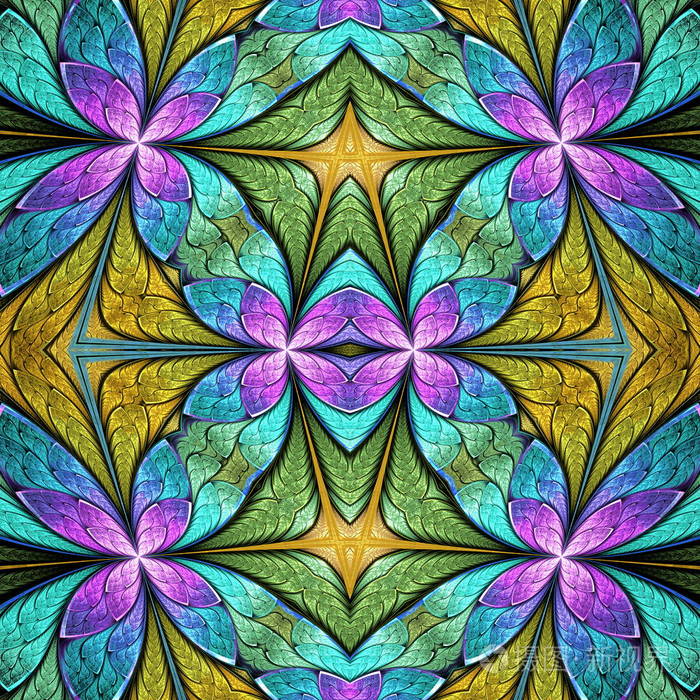 美丽无缝花朵图案的彩绘玻璃窗口样式