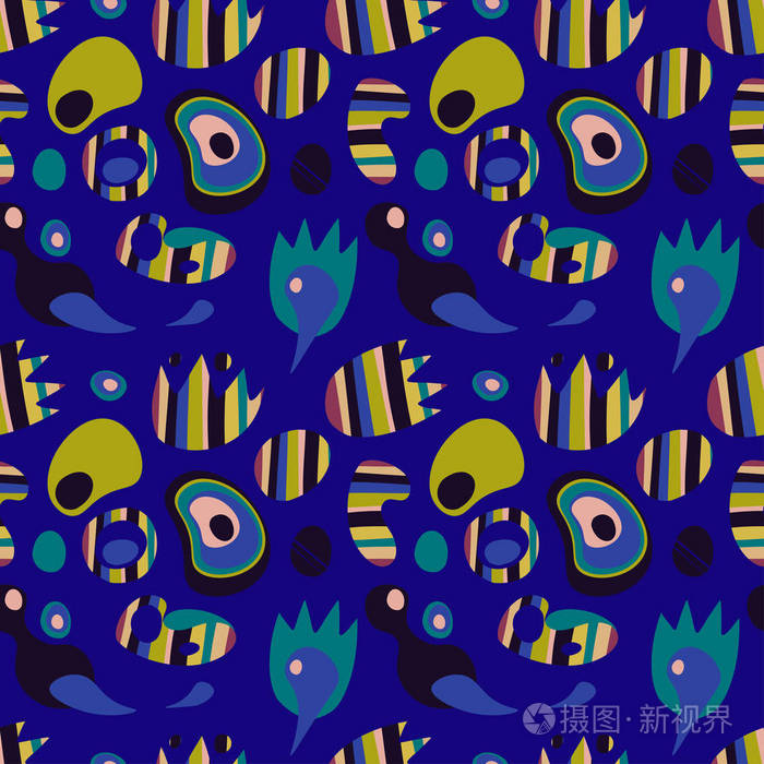 无缝模式与明亮的流线型对象, 抽象模式的群青背景插画-正版商用图片0