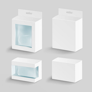 白色空白的纸板矩形向量。空盒子包装的产品有塑料窗。小样附近最多孤立的白色背景上