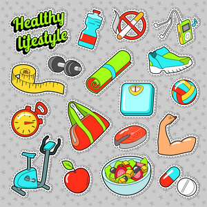 健康的生活方式设置与食物和贴纸的运动元素。矢量涂鸦