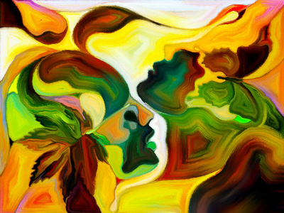 彩绘玻璃永远系列。人类的轮廓与秋季 lea和蝴蝶在爱关系和与自然的团结的主题画了以有机样式