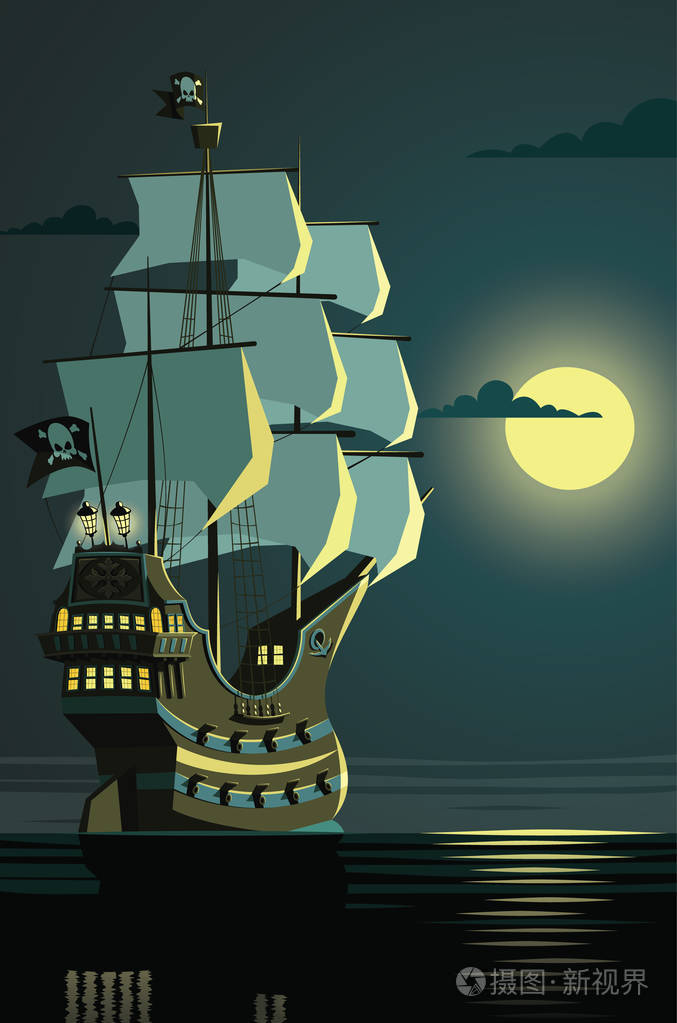 孤独的海盗船在一夜的海上开放插画-正版商用图片0p912b-摄图新视界