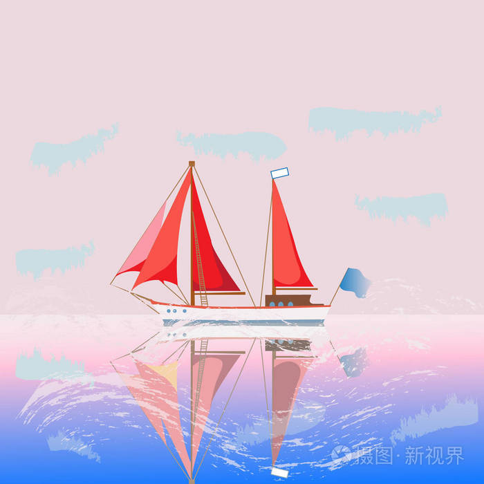 船与猩红帆, 平静的海和粉红色的日出, 浪漫的图片.自然的向量例证