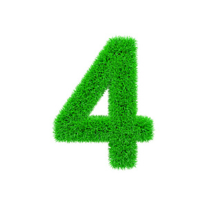 字母数字4。绿草的草制字体。3d 渲染在白色背景下被隔离