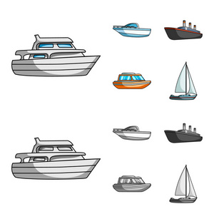 保护艇, 救生艇, 货物蒸笼, 运动游艇。船舶和水运集合图标在卡通, 单色风格矢量符号股票插画网站