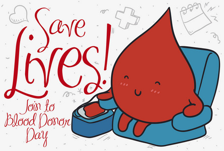 横幅与可爱的血滴在沙发上捐血与涂鸦的背景下促进拯救生命和加入献血日事件