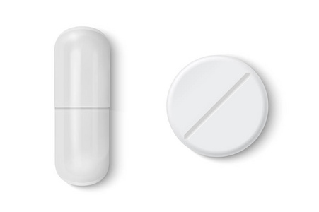 矢量逼真的3d 白色医学药丸图标设置隔离在白色背景。设计图形模板。顶部视图