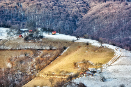 冰冻的冬天，山上野生的特兰西瓦尼亚晴朗的一天。Holbav。罗马尼亚。低调 黑暗的背景 现场照明和丰富的老船长