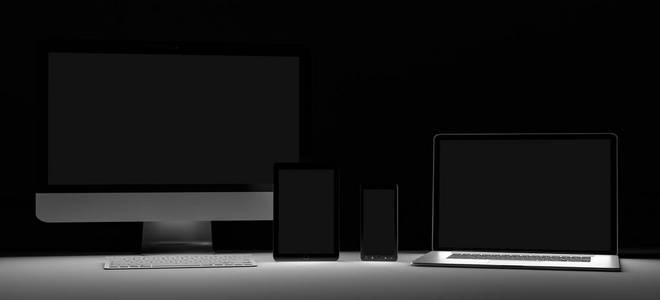 黑暗的现代电脑笔记本移动手机和平板电脑的 3d 渲染