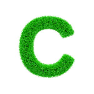字母 C 字母大写。绿草的草制字体。3d 渲染在白色背景下被隔离