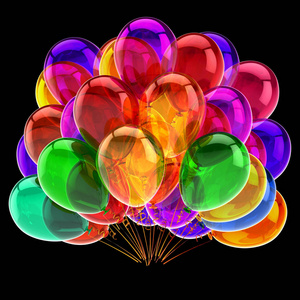 气球五颜六色, 生日派对装饰多色美丽。氦气球束半透明。周年庆典, 节日象征。3d 图, 在黑色上隔离