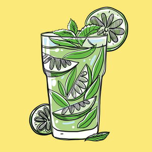 鸡尾酒莫吉托在素描手画的向量例证.莫吉托当代经典鸡尾酒.longdrink.