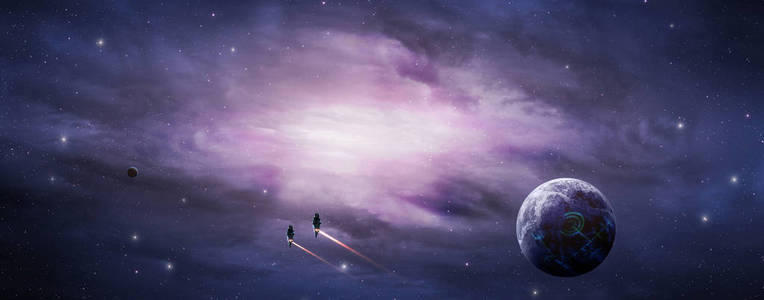空间场景。紫色和蓝色星云与地球和太空飞船