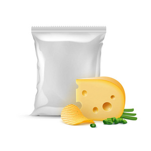矢量波纹脆薯片奶酪洋葱与垂直密封空塑料铝箔袋包装设计密切了白色背景上的分离