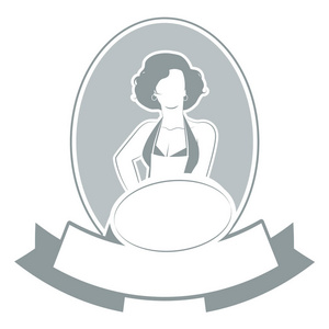 复古主妇厨师穿着围裙显示一个盘子或托盘和空白标签为您的文本