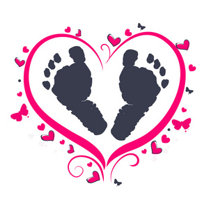 婴儿脚印与心婴儿淋浴贺卡