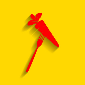 素食食品标志图。矢量。与柔和的阴影，在金色的背景上的红色图标