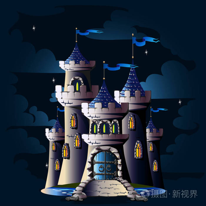 石城堡的童话塔与门和桥梁.矢量插图