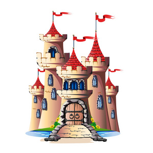 石城堡的童话塔与门和桥梁。矢量插图