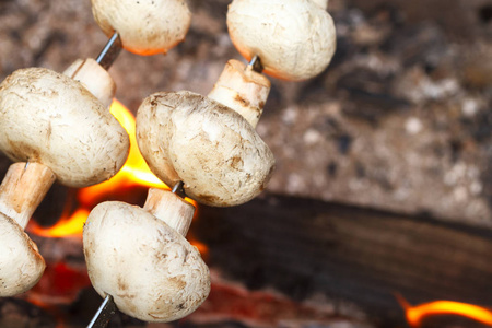 蘑菇蘑菇在串。烤架上的蘑菇