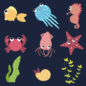 平面设计可爱动物组。水下生活 鱼 水母 海马 海星 螃蟹 鱿鱼 贝壳 海藻