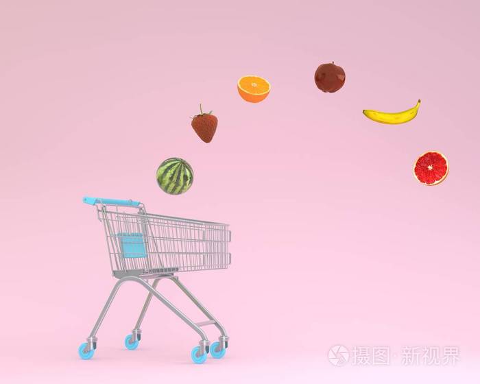 创意构思布局购物车与水果漂浮在粉红色的粉彩背景.