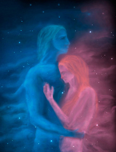空间场景。年轻的男人和女人画的星云。元素 f