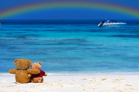 两只泰迪熊棕色坐在美丽的海滩，与彩虹的颜色