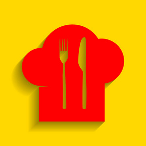 厨师帽和勺子，叉子，刀标志。矢量。与柔和的阴影，在金色的背景上的红色图标
