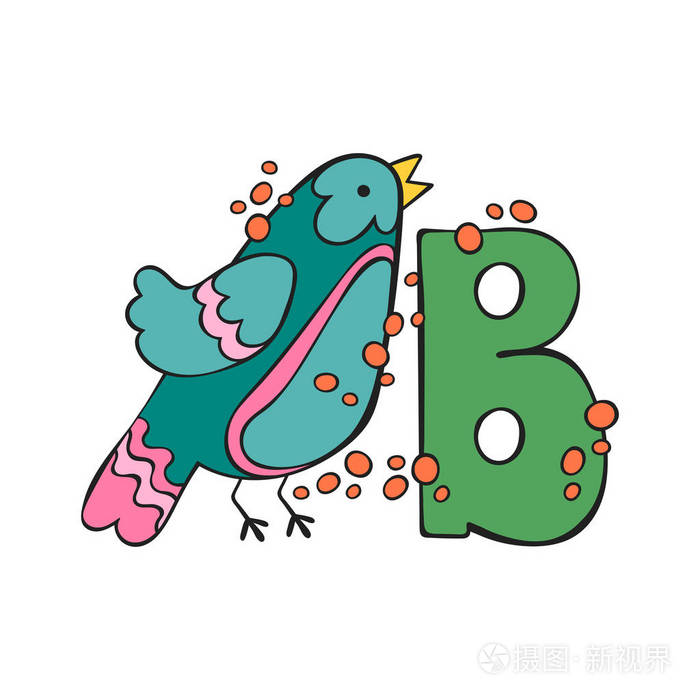 英文字母 b. 鸟.白色背景上的孤立向量对象