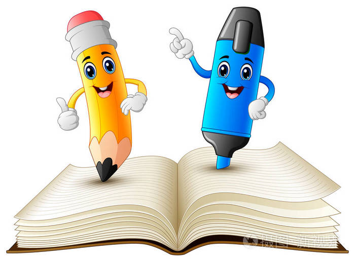 铅笔和荧光笔的矢量图解站在书上