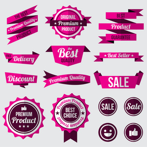 粉红色的徽章，标签和丝带的组。平面设计概念。品牌和销售的装饰。矢量图
