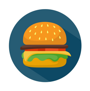 平面式汉堡包图标与阴影。快餐媒介例证