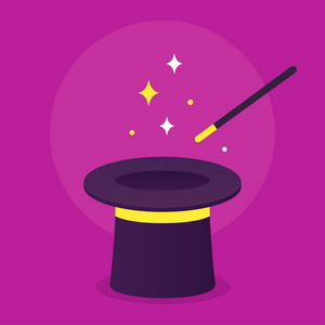 魔术帽和魔法魔杖在紫色背景上闪闪发光.简单卡通矢量插画照片
