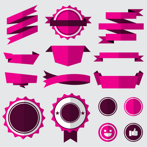 粉红色的徽章，标签和丝带的组。平面设计概念。品牌和销售的装饰。矢量图