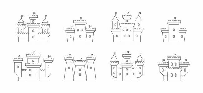 城堡和堡垒图标设置。细线样式。在白色背景上被隔离