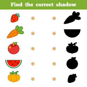 找到正确的影子,游戏给孩子.一套卡通水果和蔬菜照片