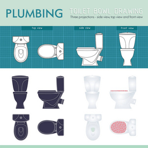 厕所的碗剪影。正面 侧面和顶视图