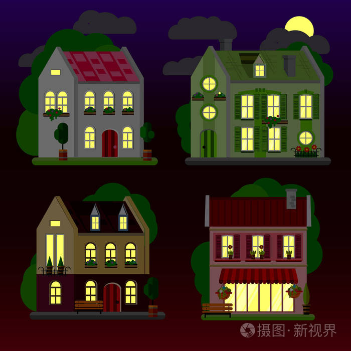 一套房子在晚上的平面插图.两层楼.向量