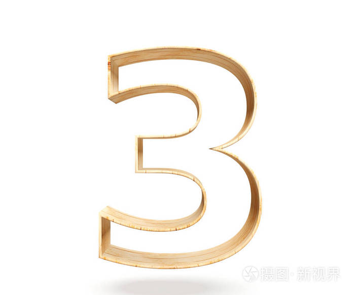 装饰的木制字母数字三符号-3.3d 渲染图.白色背景上孤立