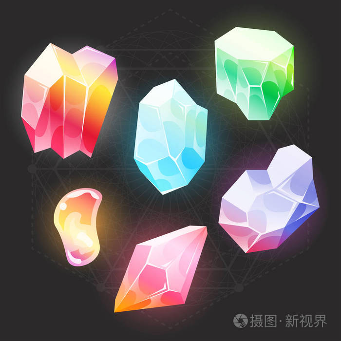 卡通童话宝石和钻石图标设置.一套有光泽和明亮的宝石, 矿物和珠宝的 