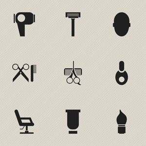 9 可编辑理发师图标集。包括符号如头发烘干机，理发师套理发工具和更多。可用于 Web 移动 Ui 和数据图表设计
