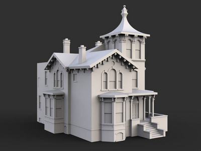 维多利亚风格的老房子。在黑色背景上的插图。物种从不同的侧面。3d 渲染