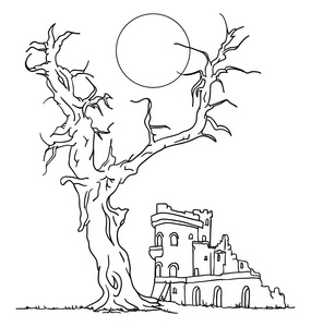 大的老树和废墟城堡
