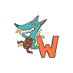 疯狼英文字母 w 狼.白色背景上的孤立向量对象照片